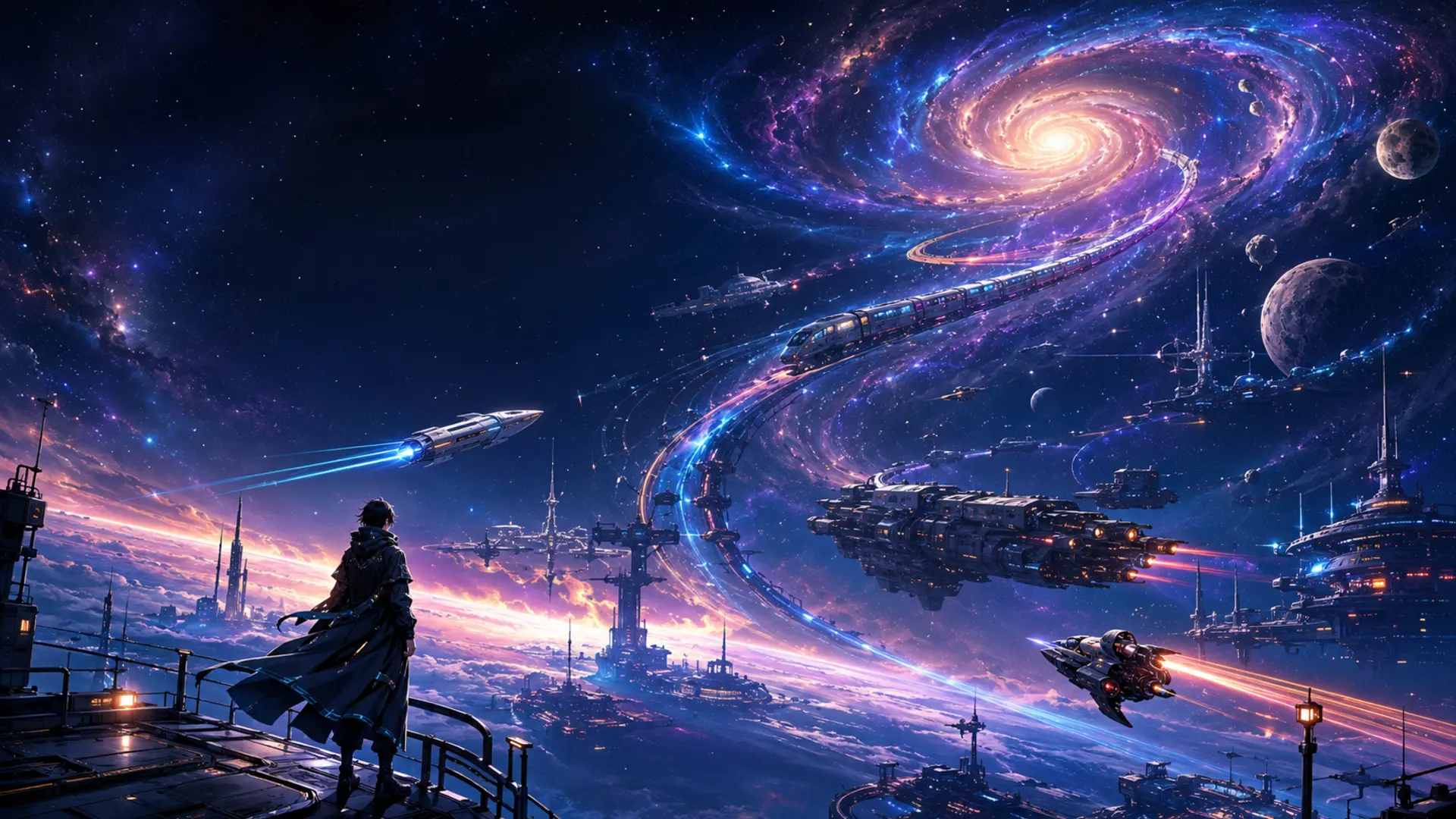 Galaktische Metropole mit Raumschiffen und einer leuchtenden Spiralgalaxie